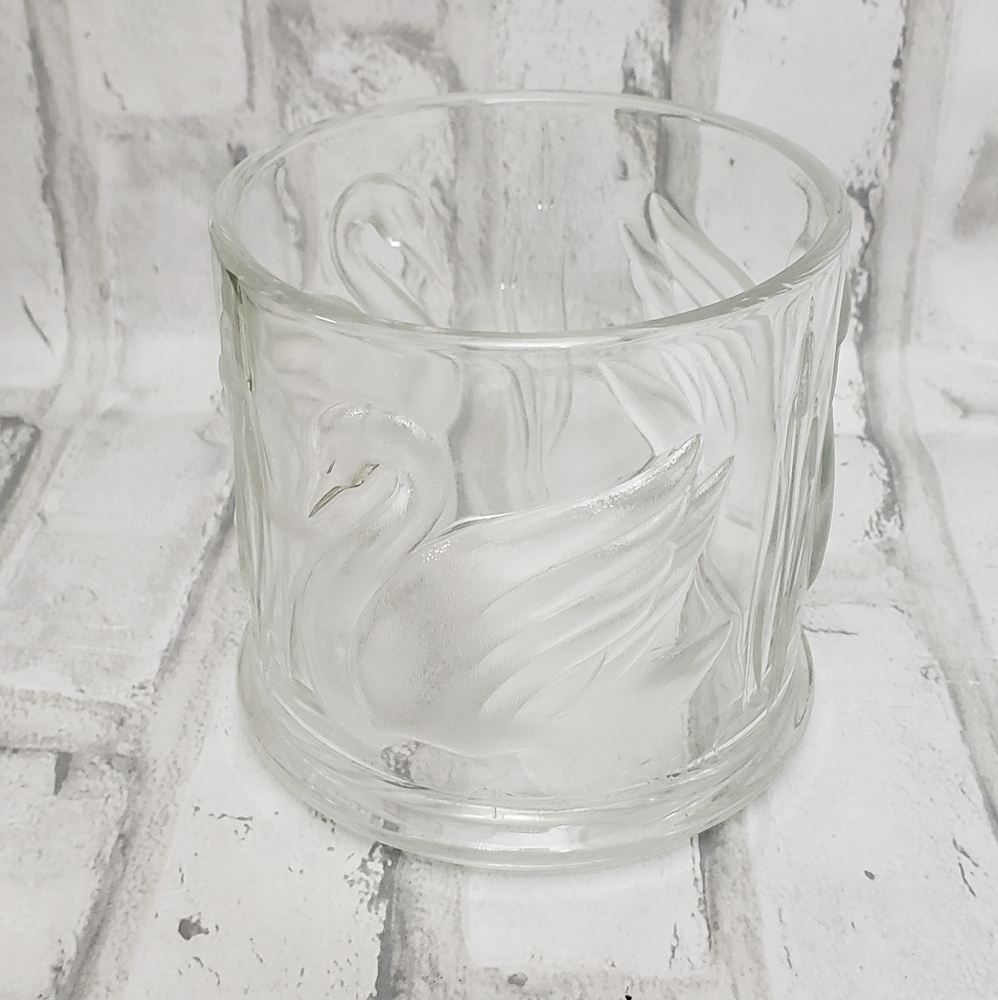 Gloria Vanderbilt Signed Vintage Embossed Etched Glass Jar with Swans